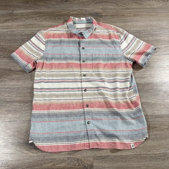 Gramicci Men's Shirt Short Sleeve Stripes‎ Hemp Blend Size L Blue/Beige/Red - Picture 1 of 8